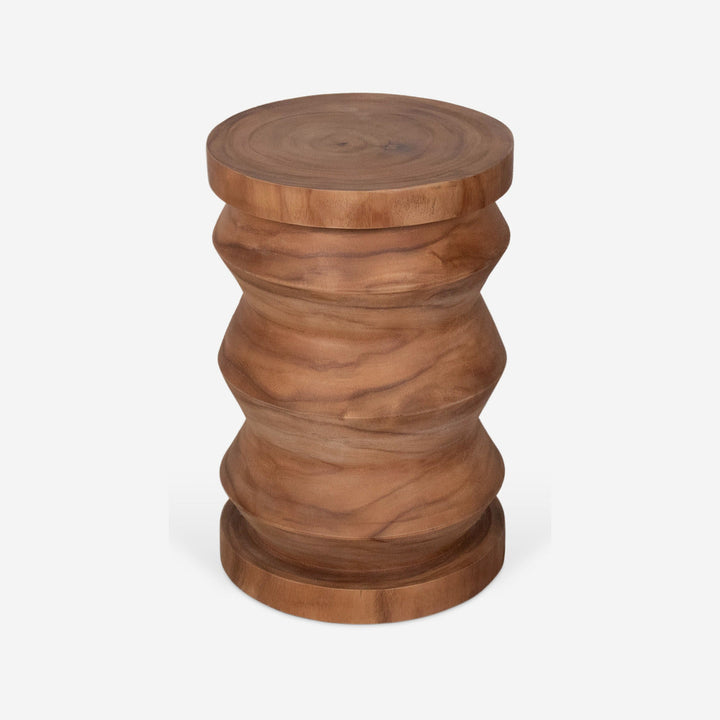 Mesa auxiliar redonda de madera maciza nogal con fuste ondulado, 30 x 45 cm