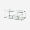 Mesa de centro rectangular de cristal plateada, 45 cm de alto sobre fondo gris de estudio