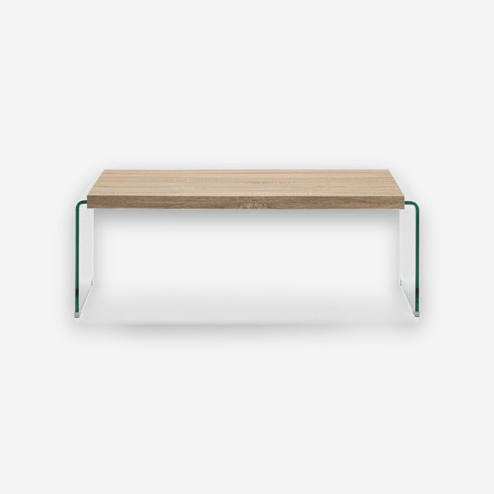 Mesa de centro con tablero de madera y patas de cristal templado, vista frontal