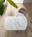 Mesa de comedor de porcelánico blanca y patas de metal, 80 cm en ambiente decorado (2)
