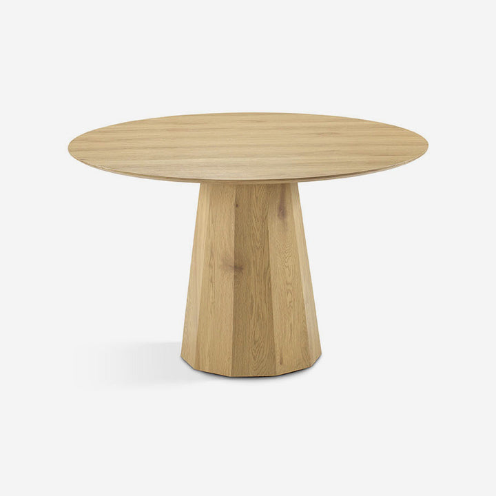 Mesa de comedor redonda de roble laminado natural con pie cónico