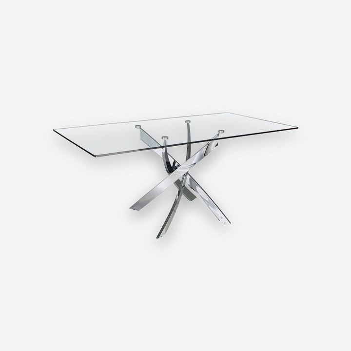 Mesa comedor rectangular cristal templado y acero cromado sobre fondo gris de estudio