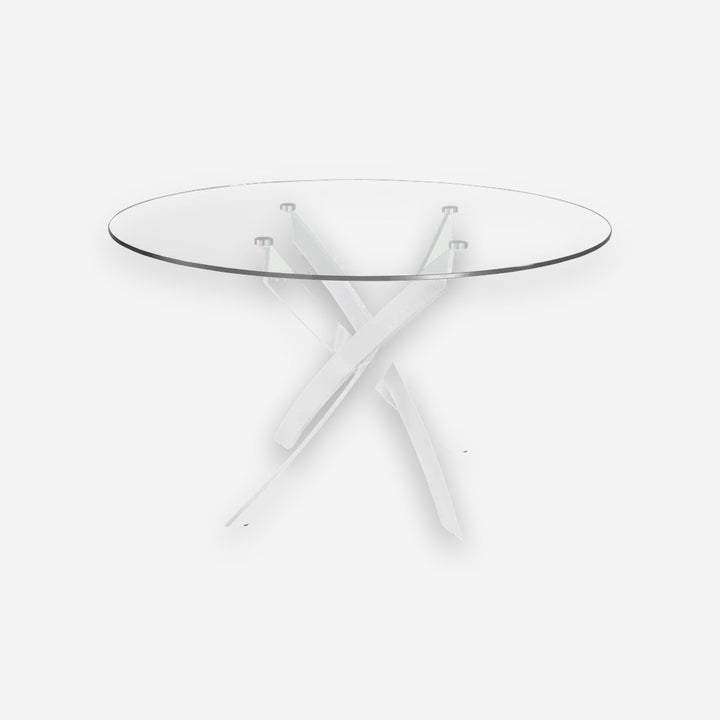 Mesa comedor redonda cristal templado y acero blanco sobre fondo gris de estudio