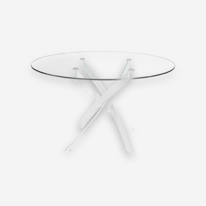 Mesa comedor redonda de cristal templado con patas de acero en aspa acabado blanco, sobre fondo gris de estudio