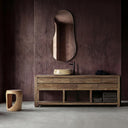 Mesa consola de madera de olmo y hierro en color marrón – detalle