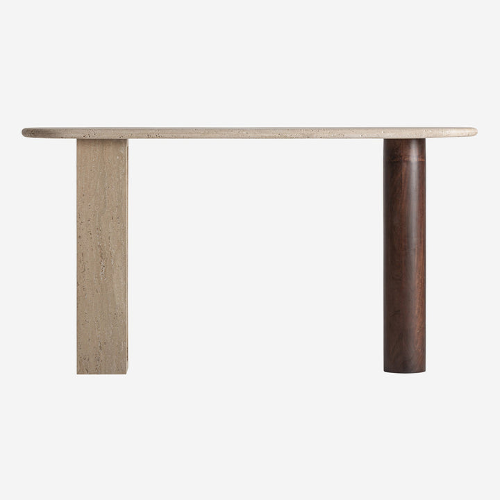 Mesa consola de travertino y madera de mango en color beige