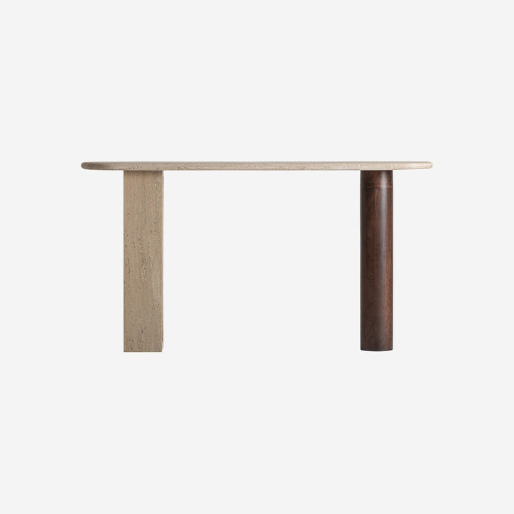 Mesa consola de travertino y madera de mango en color beige