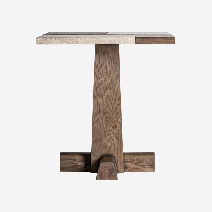 Mesa de bar de madera de roble y travertino en color marrón