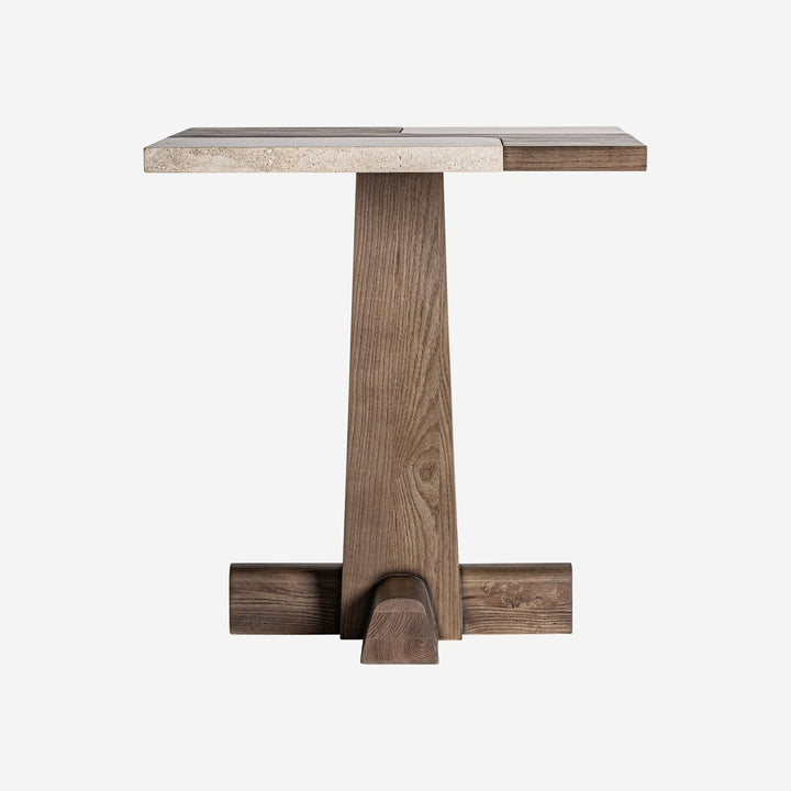 Mesa de bar de madera de roble y travertino en color marrón