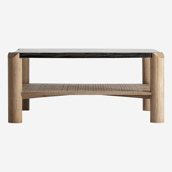 Mesa de centro de madera de mango y vidrio en color marrón 90 x 41 cm