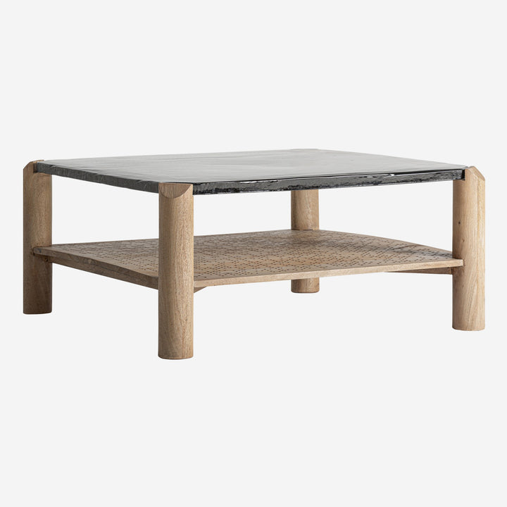 Mesa de centro de madera de mango y vidrio en color marrón 90 x 41 cm