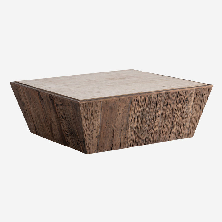 Mesa de centro de madera recuperada y travertino en color marrón envejecido