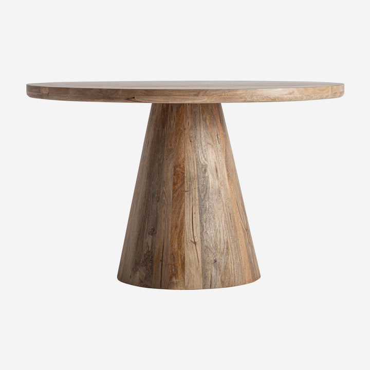 Mesa de comedor de madera de mango en color marrón redonda con pie cónico
