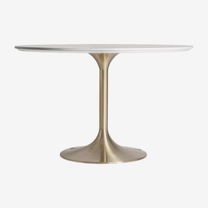 Mesa de comedor de piedra sinterizada y acero en color blanco