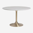 Mesa de comedor de piedra sinterizada y acero en color blanco