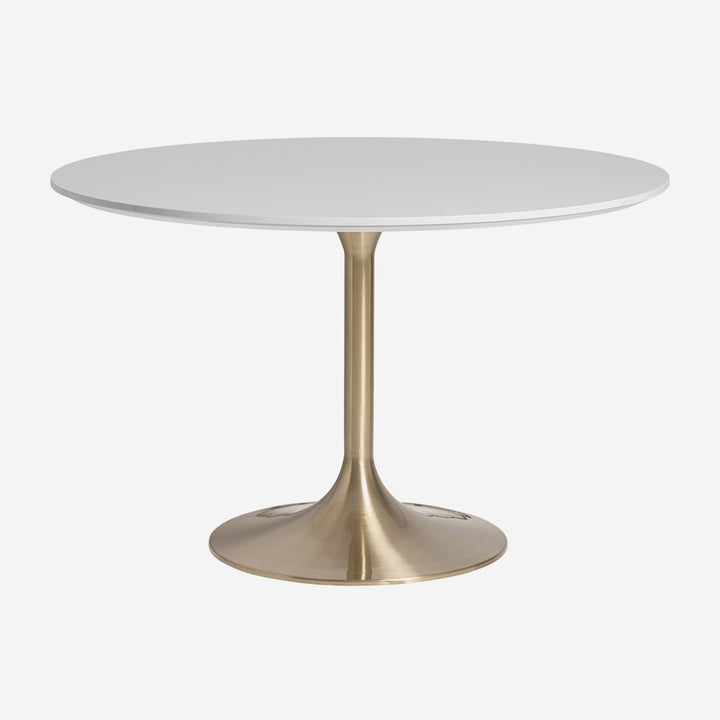 Mesa de comedor de piedra sinterizada y acero en color blanco