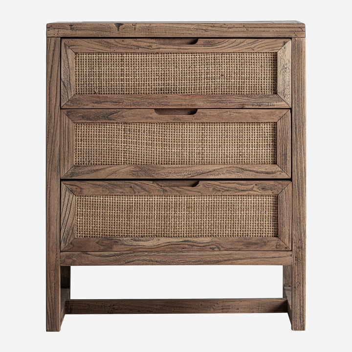 Mesita de noche de madera de olmo y ratán en color marrón