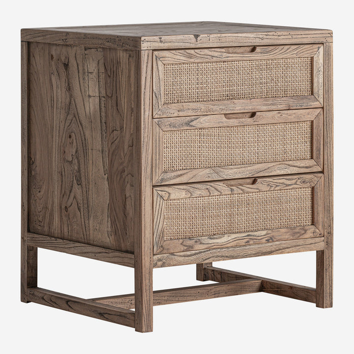 Mesita de noche de madera de olmo y ratán en color marrón