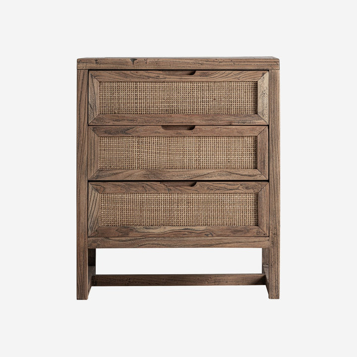 Mesita de noche de madera de olmo y ratán en color marrón