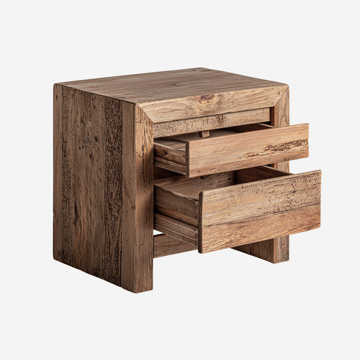 Mesita de noche de madera de pino reciclado en color marrón envejecido