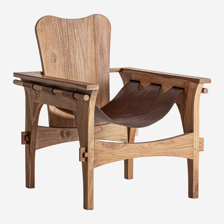 Sillón de madera de teca y piel en color marrón 62 x 77 x 81 cm
