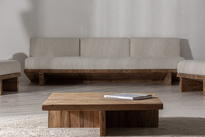 Sofá de madera de teca reciclada y polipropileno reciclado sin brazos – ambiente