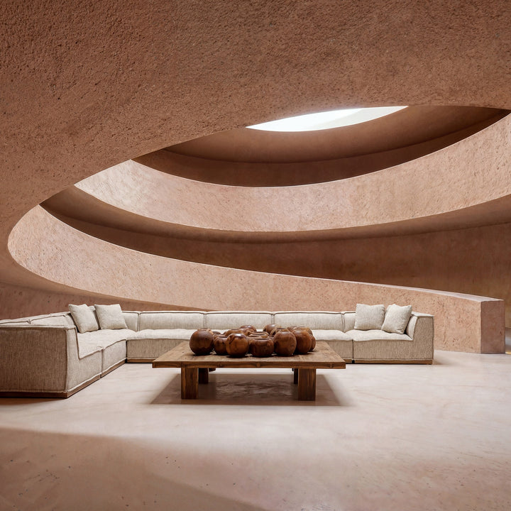 Sofá modular tapizado en poliéster de inspiración art déco – ambiente