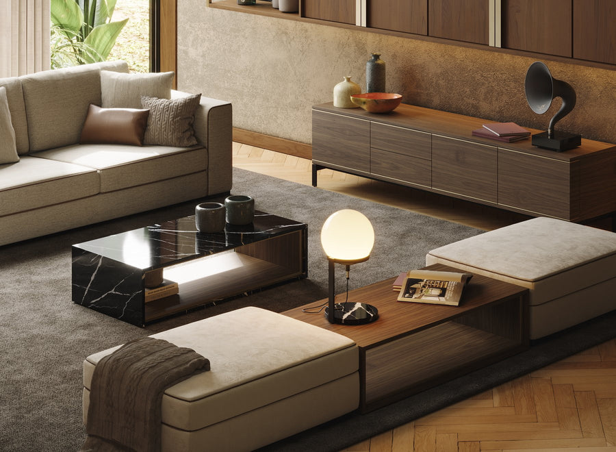 Contemporary living room with walnut panelling, sand-toned sofa and marble table