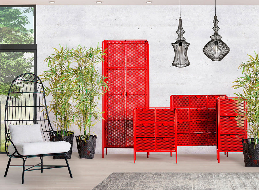 Industrial style with red metal cabinets, concrete wall and cage pendant lights