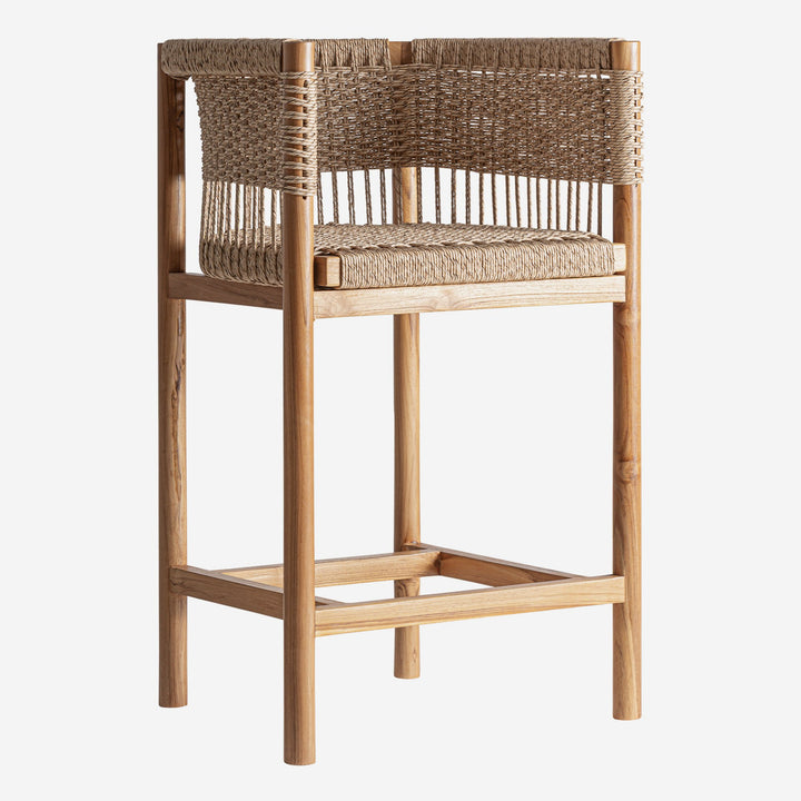 Taburete alto de madera de teca y cuerda sintética en color marrón 58 x 56 x 95 cm