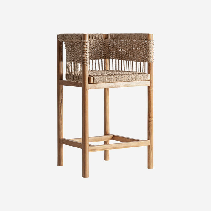 Taburete alto de madera de teca y cuerda sintética en color marrón 58 x 56 x 95 cm