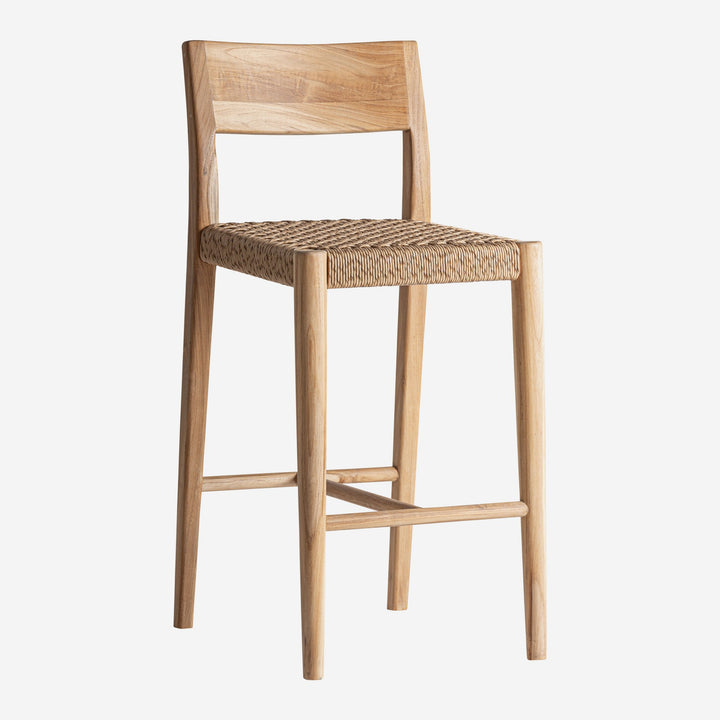 Taburete alto de madera de teca y cuerda sintética en color marrón claro