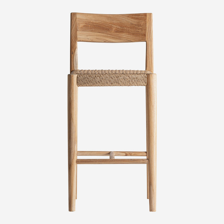 Taburete alto de madera de teca y cuerda sintética en color marrón claro