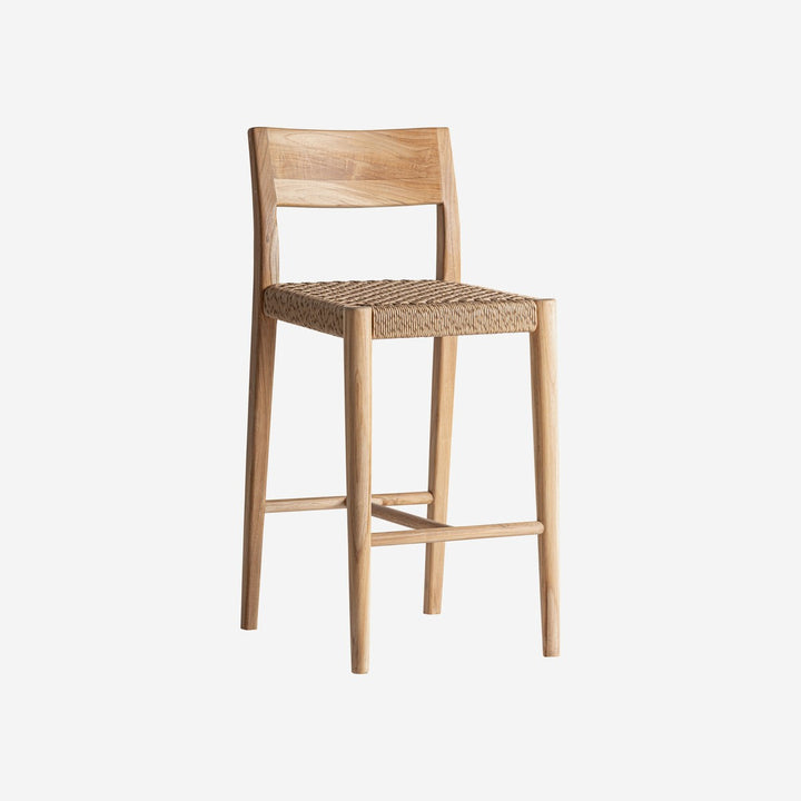 Taburete alto de madera de teca y cuerda sintética en color marrón claro