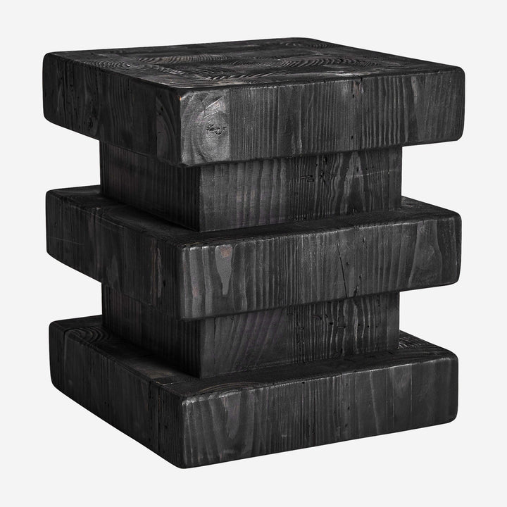 Taburete de madera de pino reciclado en color negro de inspiración art déco 35 x 40 cm