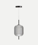 LÁMPARA DE TECHO ZURI plata en vidrio negro translúcido con detalles metálicos