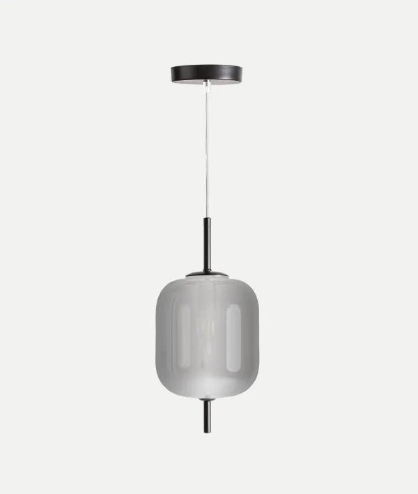 LÁMPARA DE TECHO ZURI plata en vidrio negro translúcido con detalles metálicos