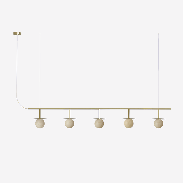 Royal Linear Chandelier Pendant Lamp 5 - Gold structure, matte polished brass disc, alabaster sphere and gold textile cable
