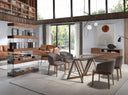 librero contemporáneo de cristal con repisas en madera de nogal natural