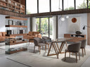 librero contemporáneo de cristal con repisas en madera de nogal natural