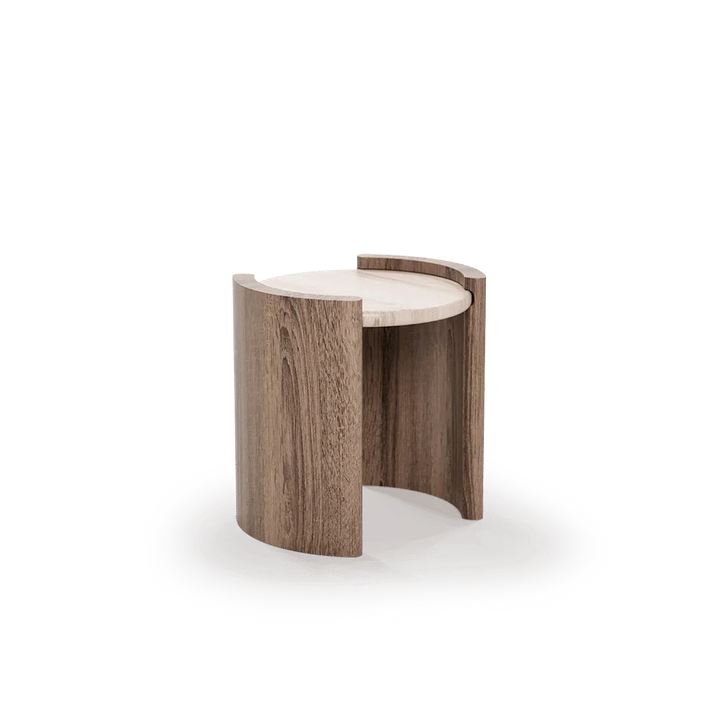 Mesa auxiliar Volga en madera y mármol travertino en ambiente decorado (2)