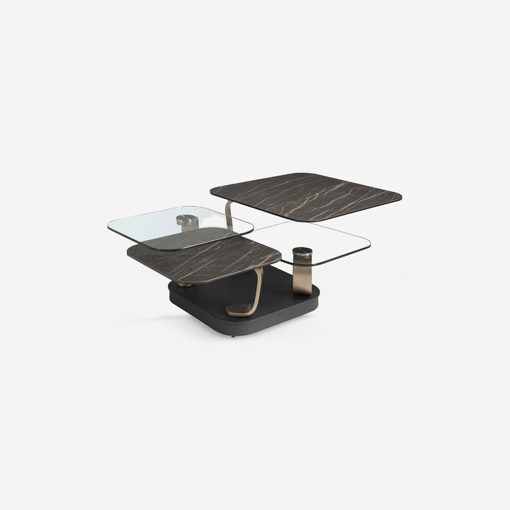 Mesa centro extensible cuadrada cristal templado y mármol porcelánico, acero color dorado y acero negro sobre fondo gris