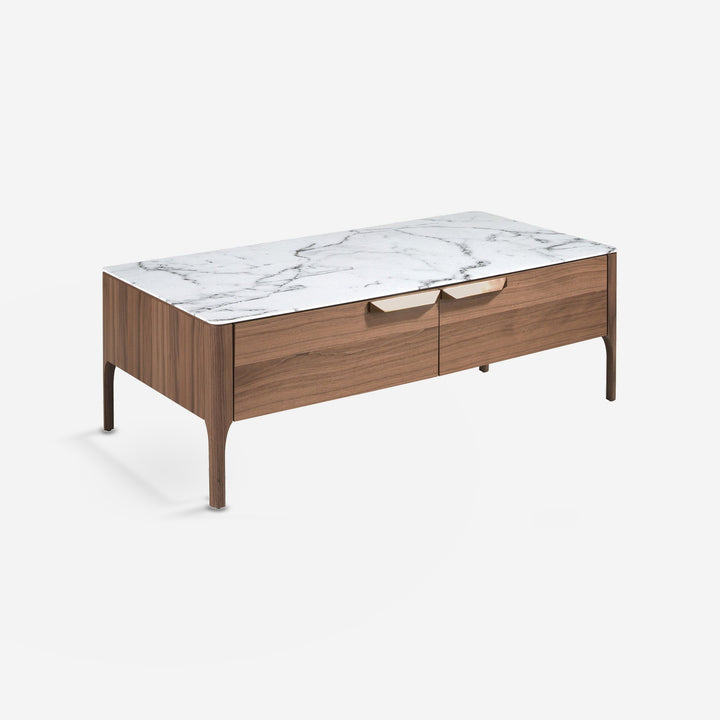 Mesa centro rectangular cristal imitación mármol y nogal sobre fondo gris de estudio