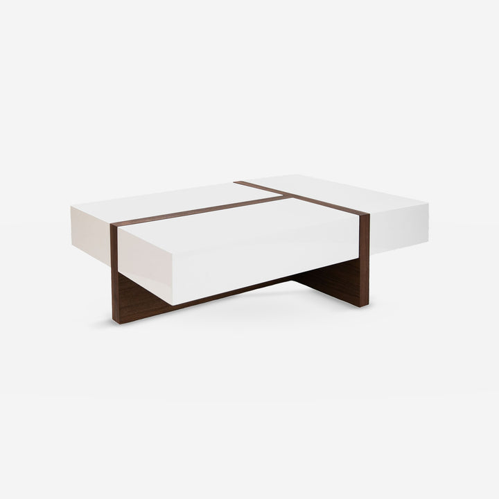 Mesa centro rectangular madera blanco y nogal sobre fondo gris de estudio