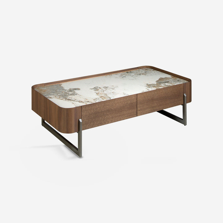 Mesa centro rectangular mármol porcelánico, nogal y acero visón metal sobre fondo gris de estudio