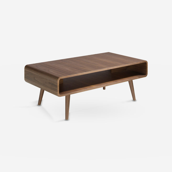 Mesa centro rectangular nogal sobre fondo gris de estudio