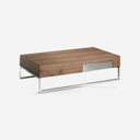 Mesa centro rectangular nogal y acero cromado sobre fondo gris de estudio