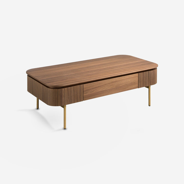 Mesa centro rectangular nogal y acero pulido dorado sobre fondo gris de estudio