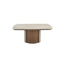 Mesa comedor extensible rectangular mármol porcelánico, acero arena metalizado y nogal, foto de producto
