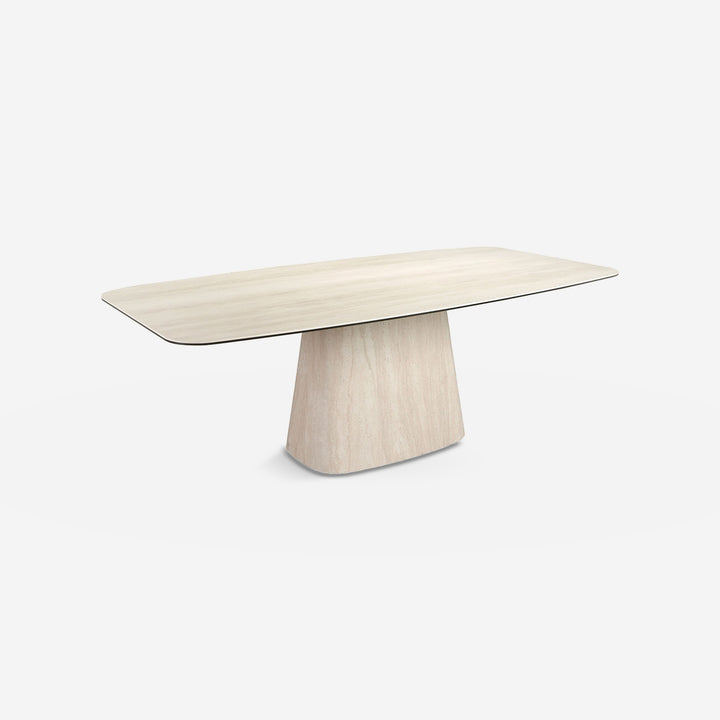 Mesa comedor ovalada barril mármol porcelánico sobre fondo gris de estudio